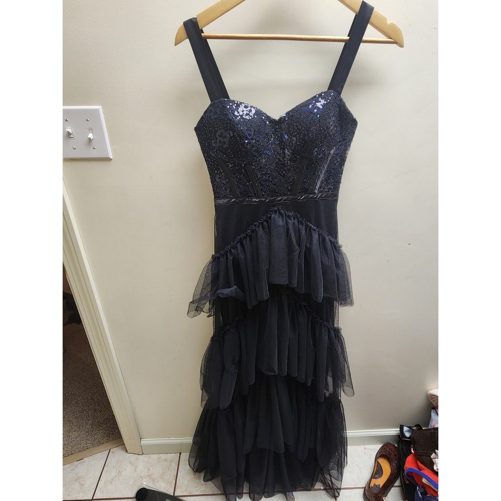 City Studio Black Sequin Lace Corset‎ Tiered Tulle Ruffle Formal Prom Dress 3/4